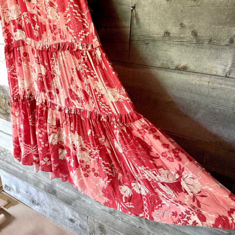 Chufy Paracas Caftan Dress S Red Pink Floral Tiered Maxi Boho Resort Luxury Vaca - Picture 9 of 15
